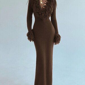Brown Elegant Women's V-Neck Fringed Fuzzy Maxi Sweater Dress